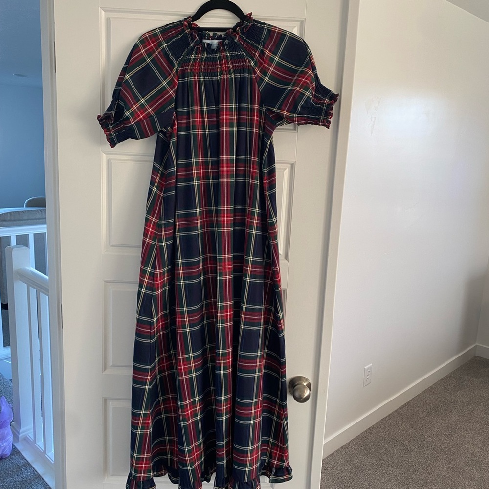 Hill House Caroline Nap Dress Plaid Ruffled Smocked Midi Navy Tartan XS